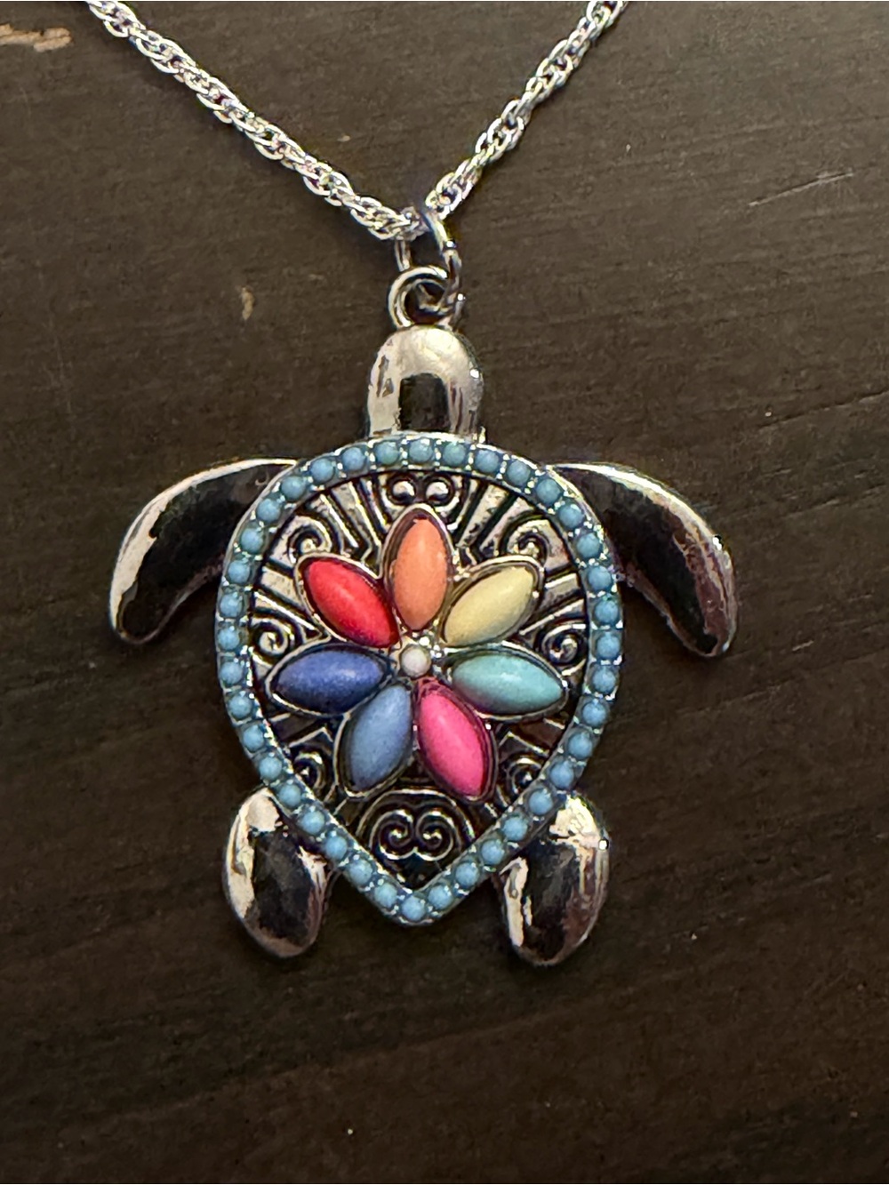 Colorful Enamel Turtle Pendant Necklace in Light Blue